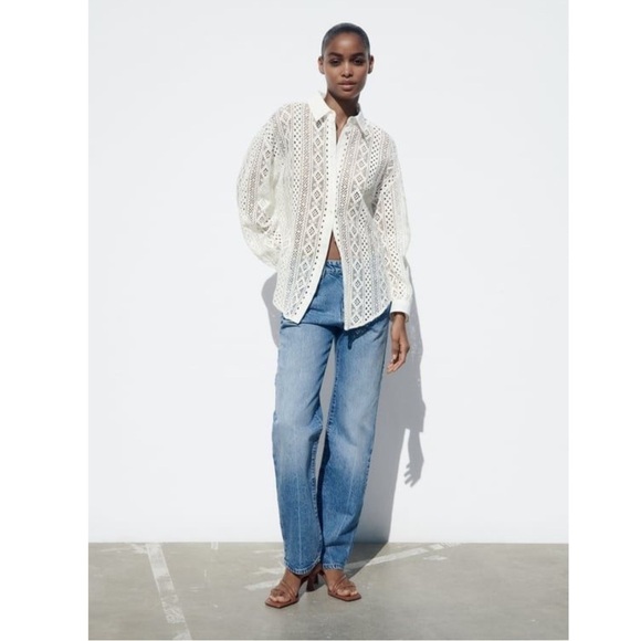 Zara White Lace Crochet Button Down Shirt Sheer Cotton Blend Size M - Picture 10 of 11
